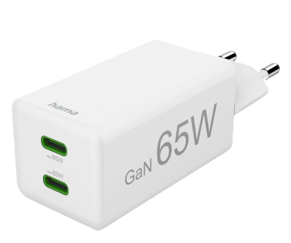 Ładowarka i akumulator HAMA ŁADOWARKA SIECIOWA MINI 65W GAN PD/QC 2X USB-C, BIAŁA